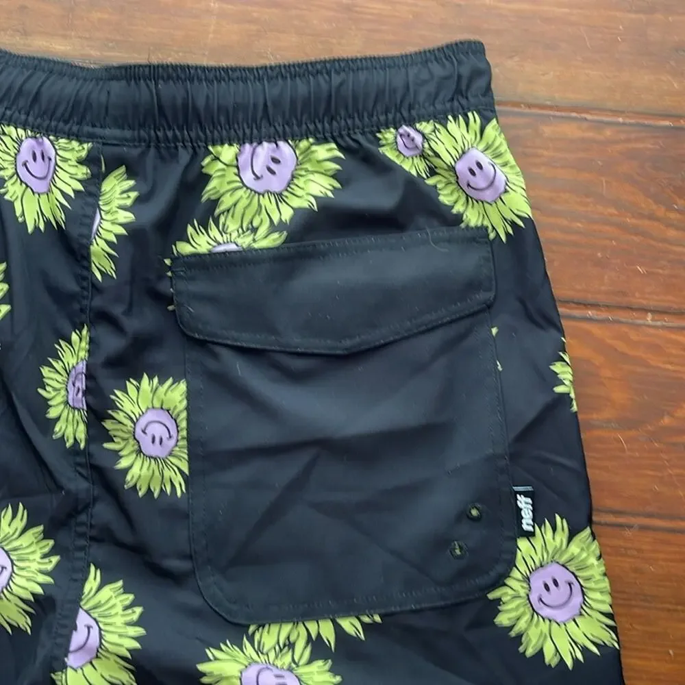 NEFF smiley face sunflower print unlined elastic waist pull on swim trunks sz L